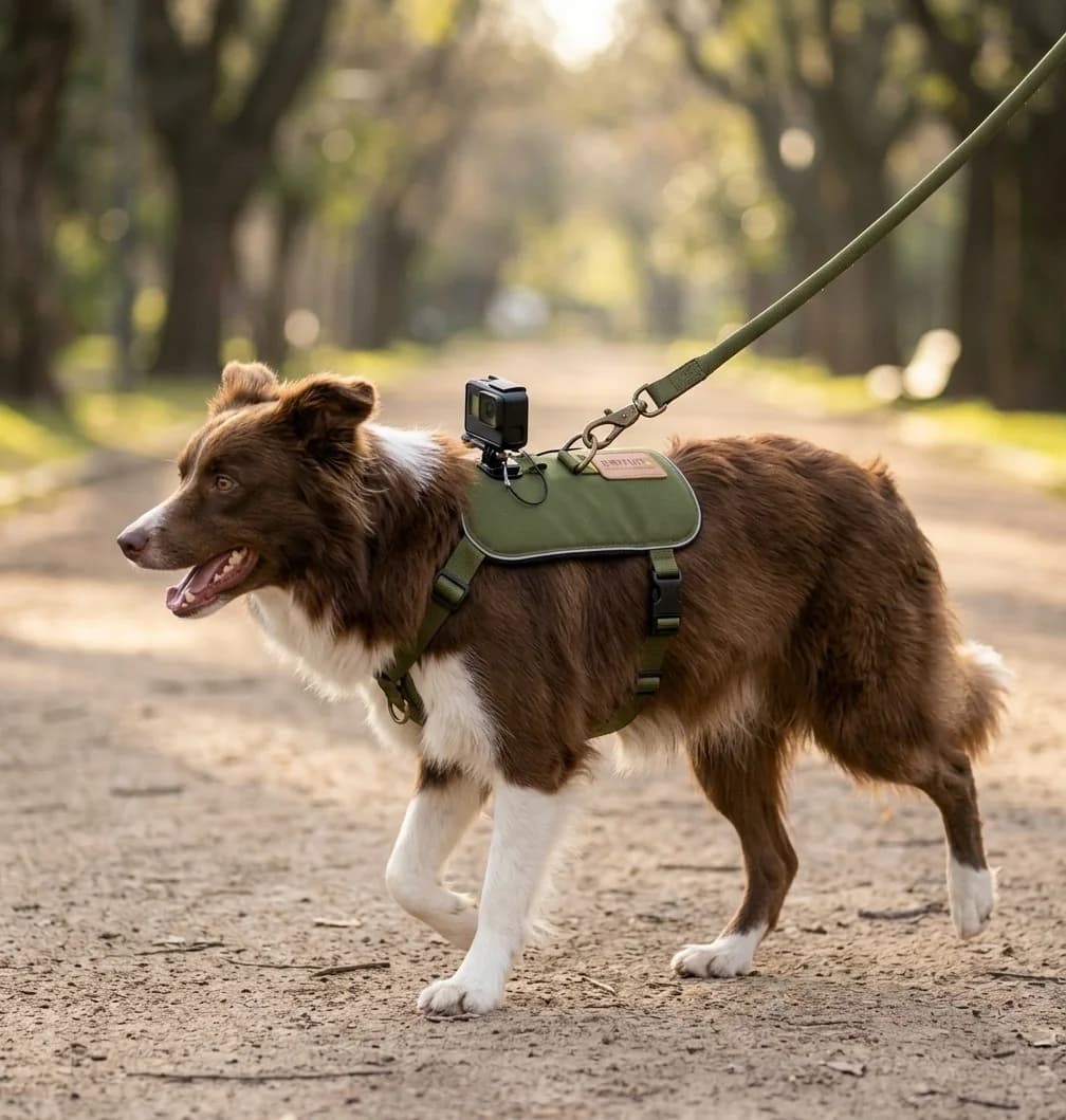 Border collie marrón y blanco con el arnés perrun. Oliva y una cámara de acción en la espalda